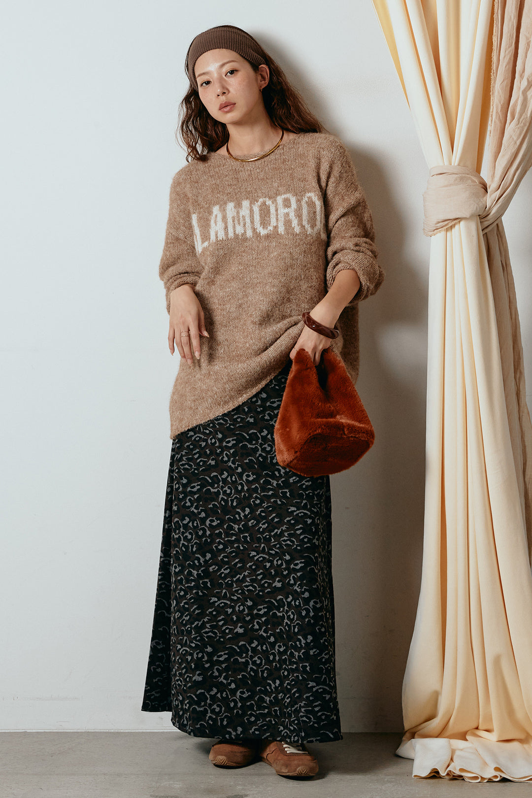 [SET]フロントロゴデザインニットトップス+レオパードロングスカート(2set)