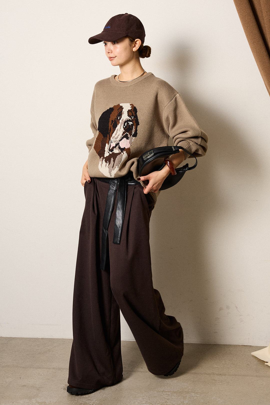 [SET]アニマルジャガード柄ニットトップス+巻ベルトウエストレザーライクワイドパンツ(2set)