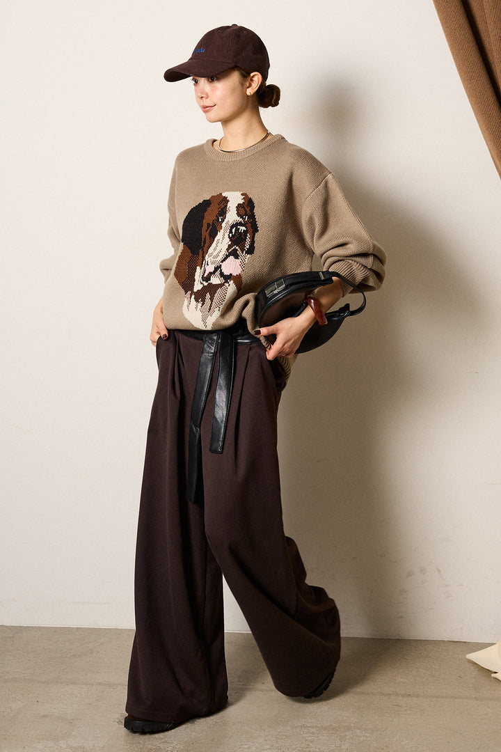 [SET]アニマルジャガード柄ニットトップス+巻ベルトウエストレザーライクワイドパンツ(2set)
