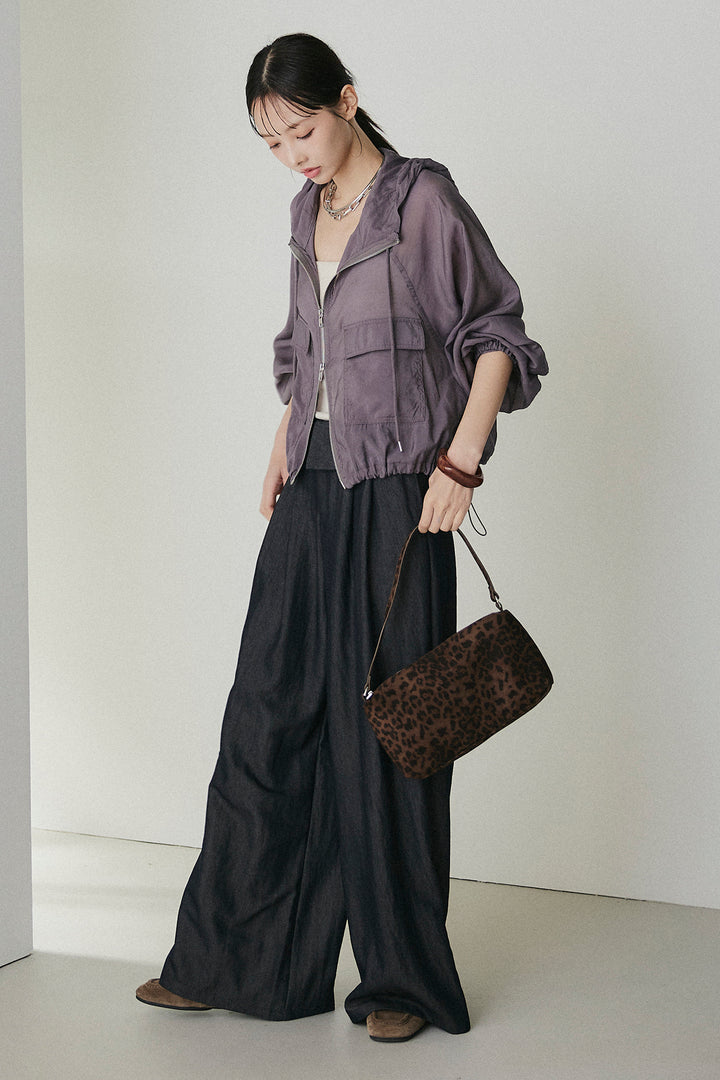[SET]裾ドロストシアーWジップフーディーブルゾン+ウエスト折り返しワイドパンツ(2set)