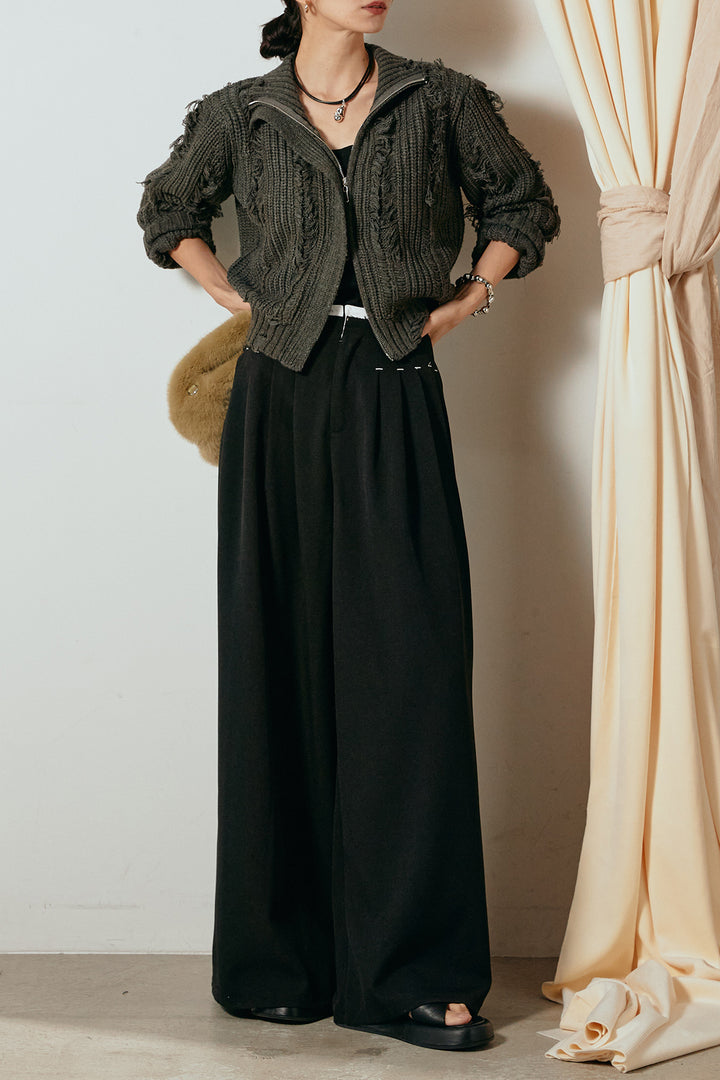 [SET]ハイネックフリンジジップニットトップス+ウエストステッチデザインワイドスラックス(2set)