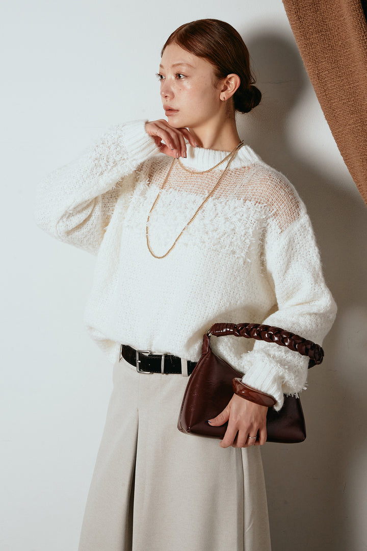 [SET]パターンランダム編みニットトップス+ベルト付きフロントタックデザインパンツ(2set)