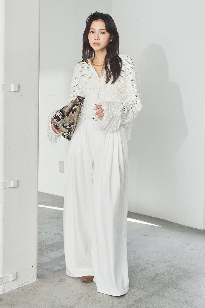 [SET]メッシュフリンジカーディガン+編みベルト付きウエストタックワイドパンツ(2set)