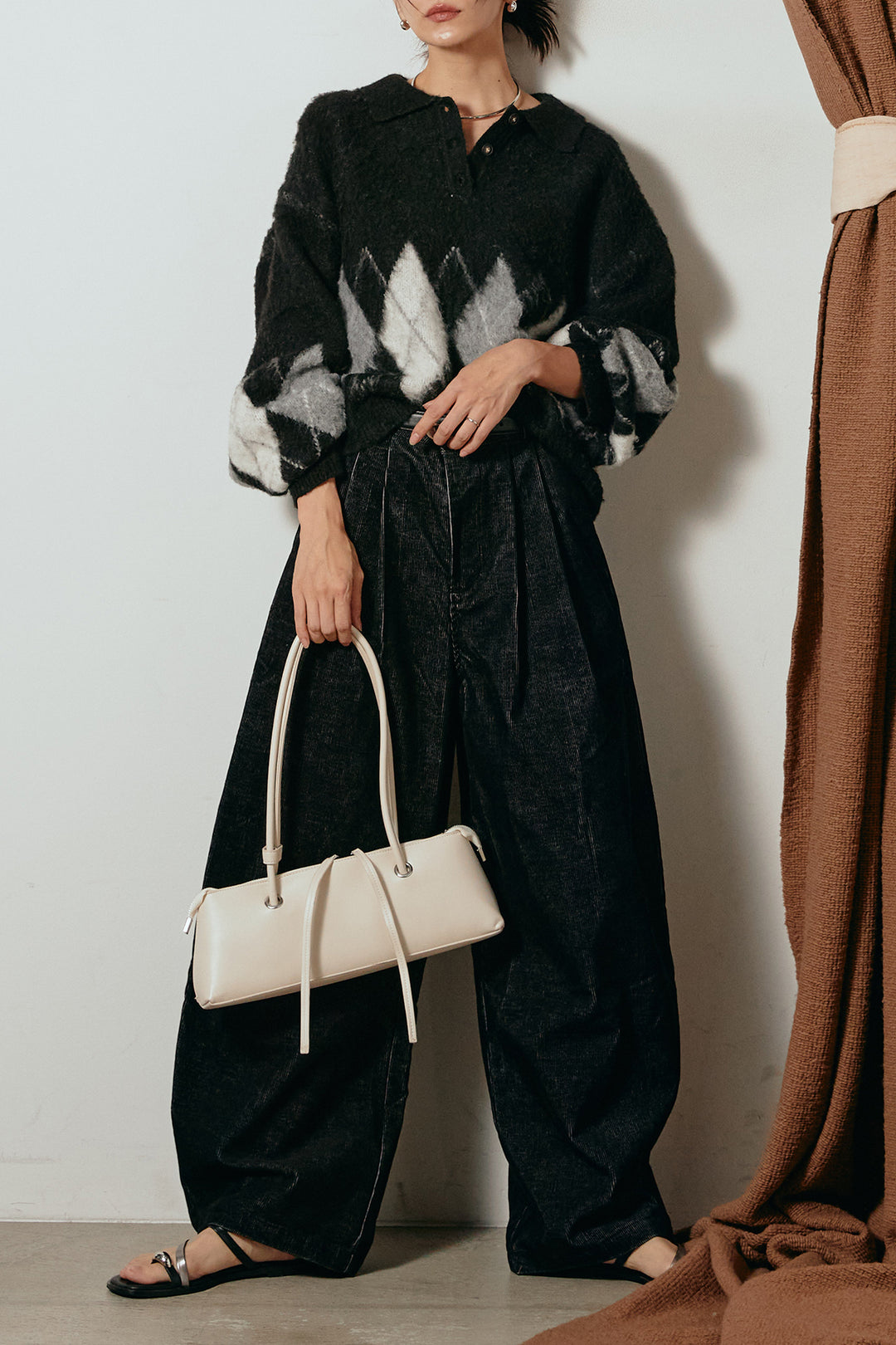 [SET]アーガイル柄ポロニットトップス+フロントタック入りコーデュロイパンツ(2set)