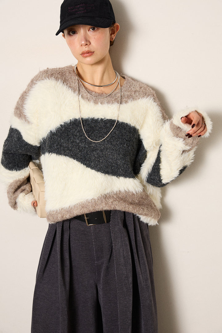 [SET]シャギーウェーブ柄クルーネックニットトップス+ベルトループコーデュロイワイドパンツ(2set)