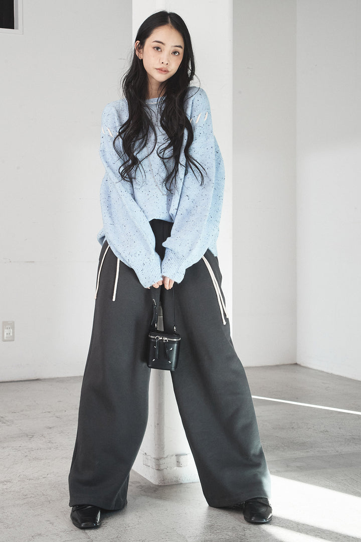 [SET]ネップ編み上げニットトップス+裏起毛スウェットワイドパンツ(2set)