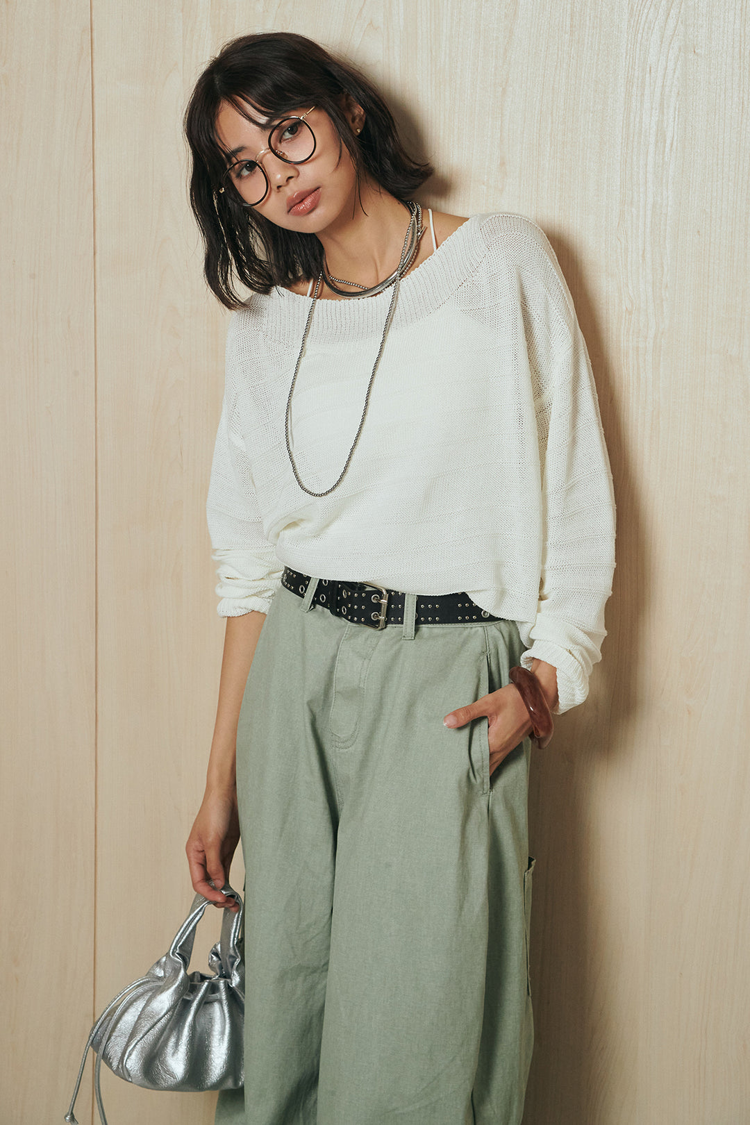 [SET]麻混リラックスニットトップス+ベルト付きカラーデニムパンツ(2set)