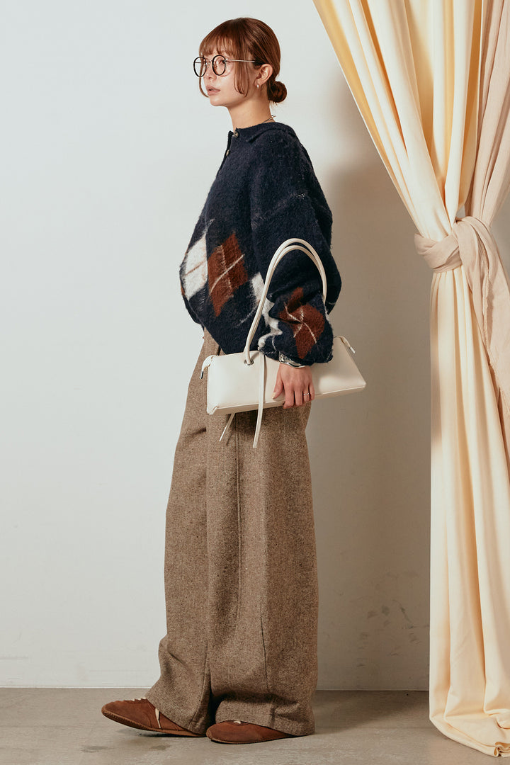 [SET]アーガイル柄ポロニットトップス+ベルト付きネップツイードカーブパンツ(2set)