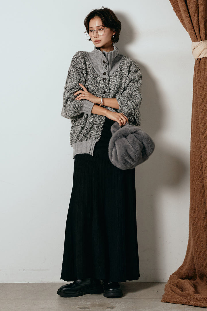 [SET]ハイネックミックスニットカーディガン+編み地切り替えフレアニットスカート(2set)