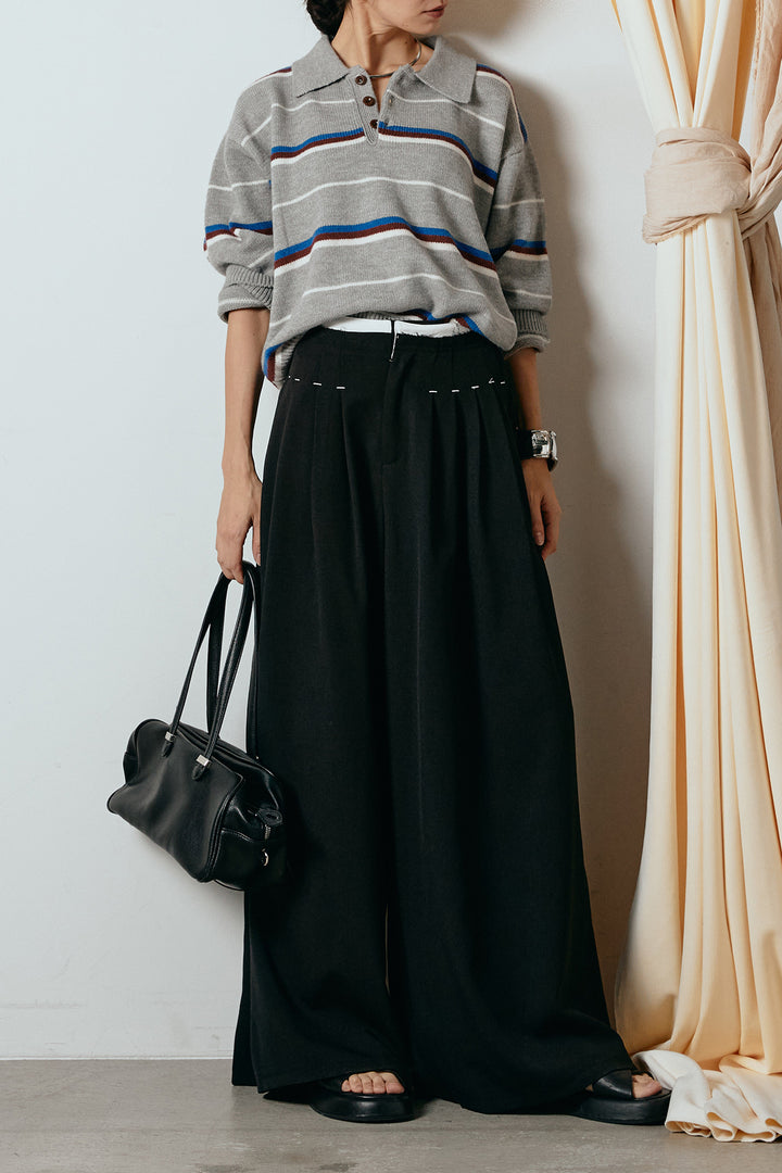 [SET]襟付きマルチボーダーニットポロトップス+ウエストステッチデザインワイドスラックス(2set)