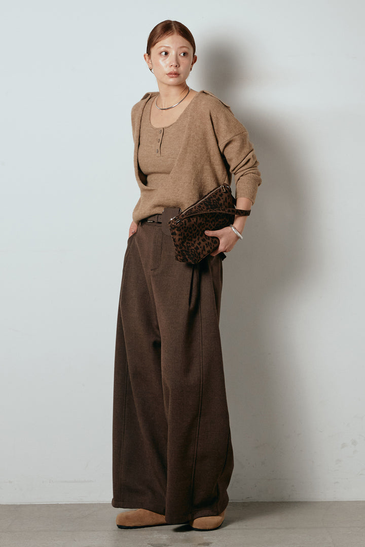 [SET]襟付きレイヤードニットトップス+ポーチベルト付きカーブパンツ(2set)