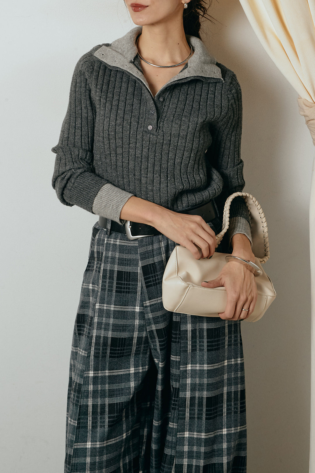 [SET]レイヤード風リブニットトップス+ベルト付きタータンチェックカーブワイドパンツ(2set)