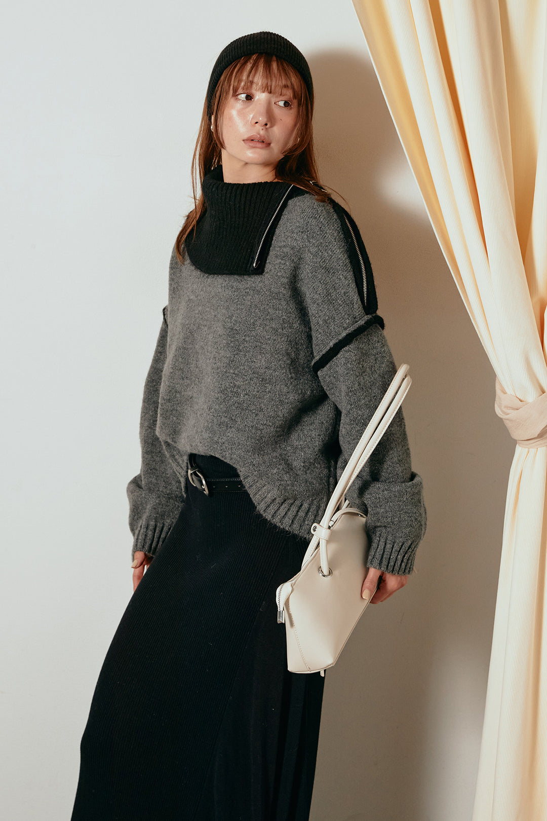 [SET]ハイネックジップデザインニットトップス+サイド切り替えリブニットロングスカート(2set)