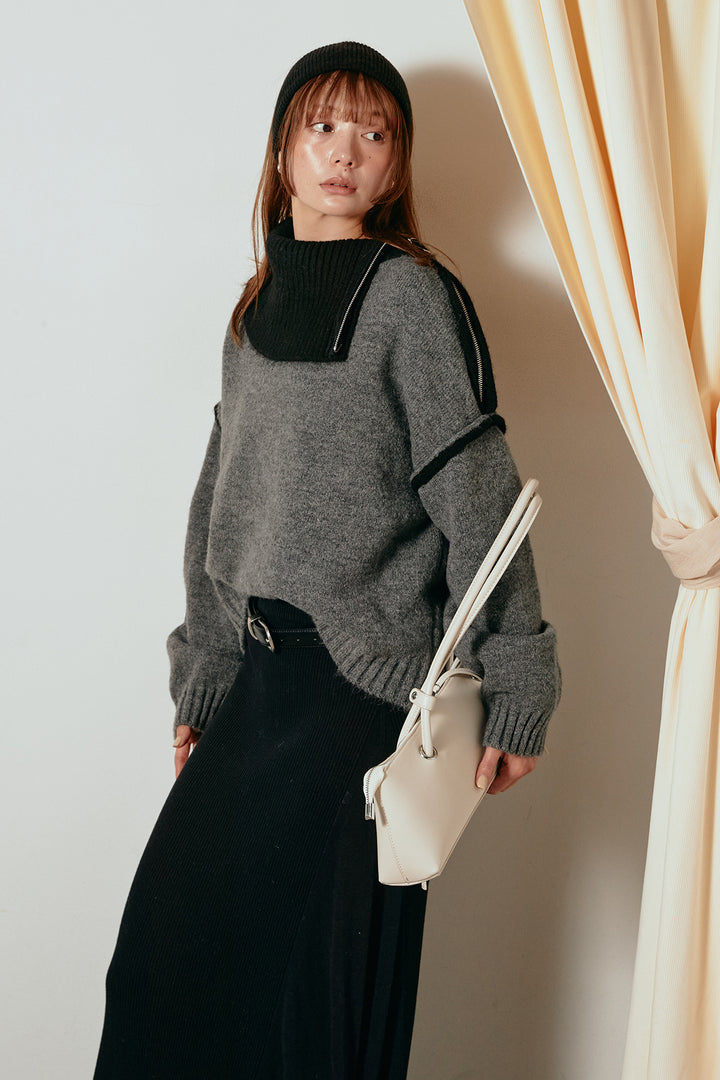 [SET]ハイネックジップデザインニットトップス+サイド切り替えリブニットロングスカート(2set)