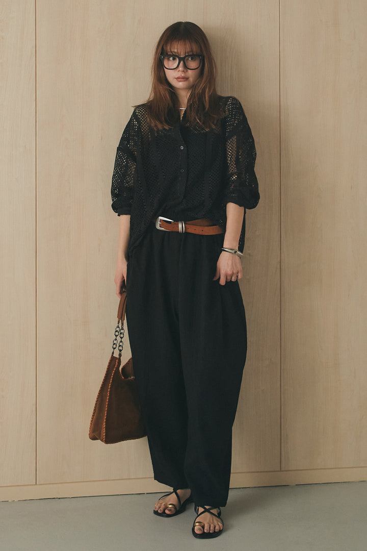 [SET]長袖襟付きレースシャツ+ポケットタックフォルムパンツ(2set)