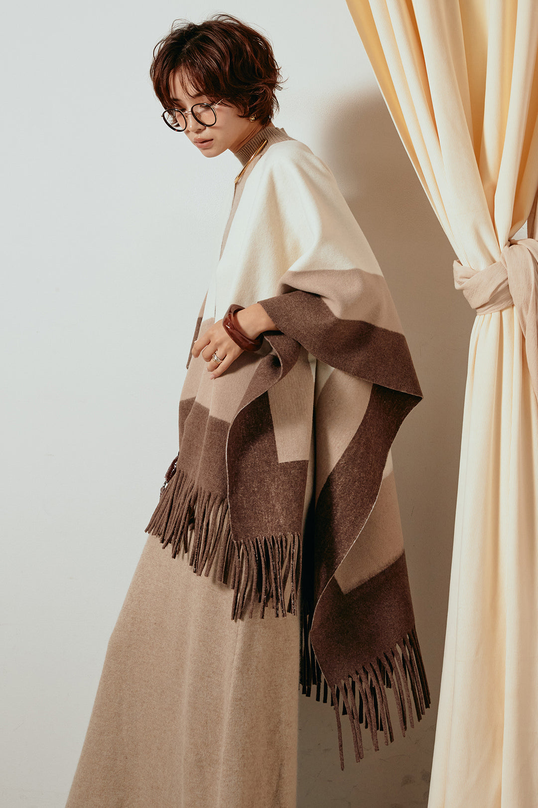 [SET]裾フリンジ柄ポンチョアウター+ノースリーブニットロングワンピース(2set)