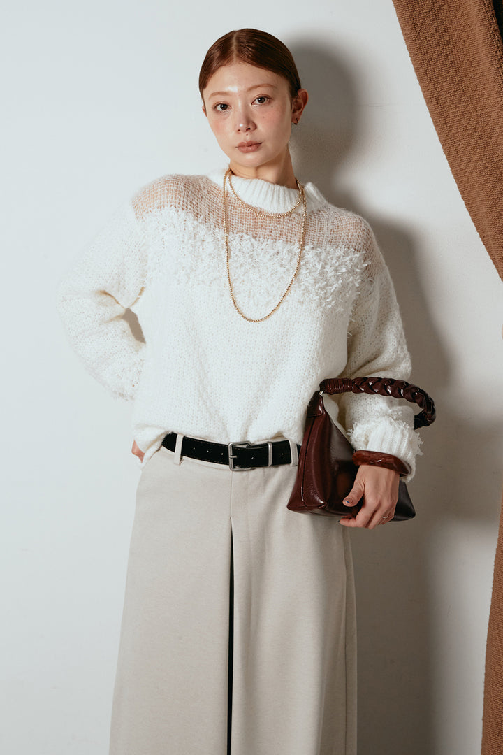 [SET]パターンランダム編みニットトップス+ベルト付きフロントタックデザインパンツ(2set)