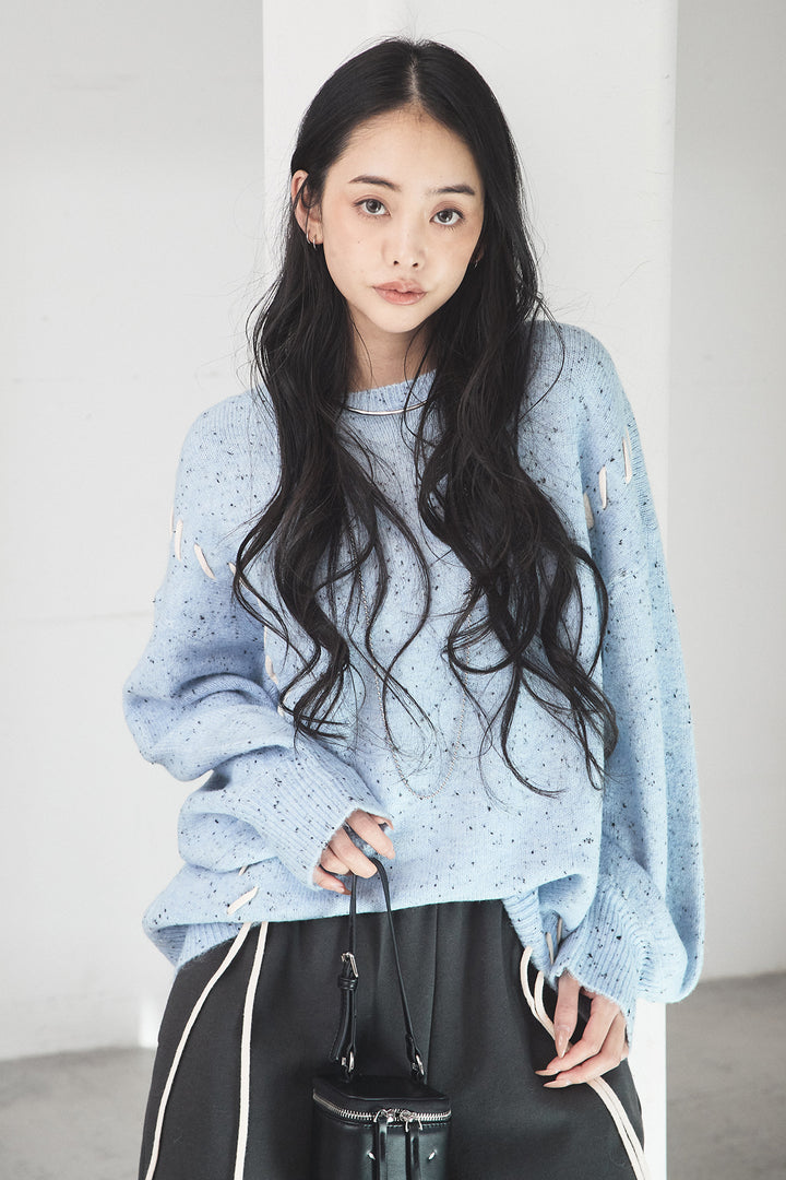 [SET]ネップ編み上げニットトップス+裏起毛スウェットワイドパンツ(2set)