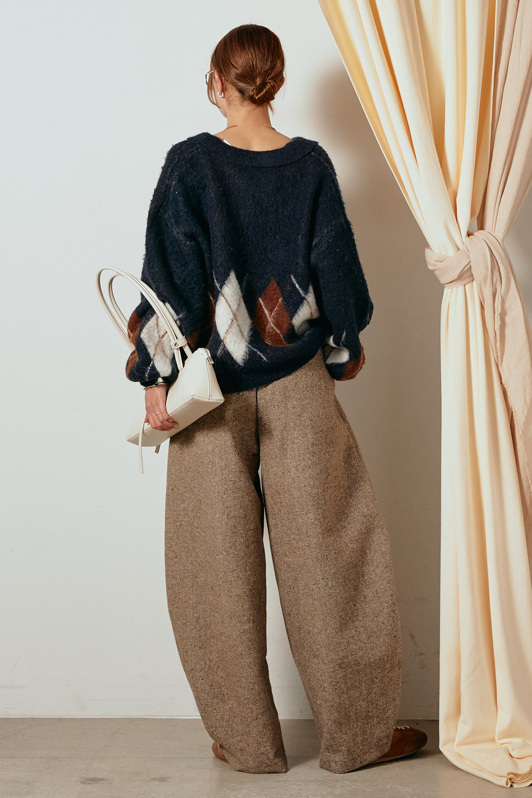 [SET]アーガイル柄ポロニットトップス+ベルト付きネップツイードカーブパンツ(2set)