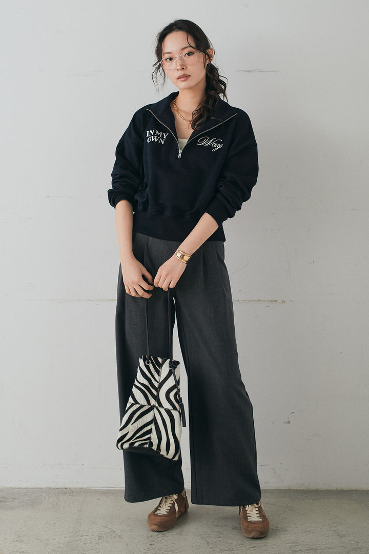 [SET]裏毛ロゴ刺繍ハーフZIPスウェット+斜めボタンタック入りスラックス(2set)