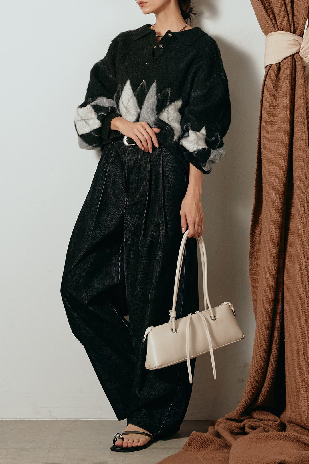 [SET]アーガイル柄ポロニットトップス+フロントタック入りコーデュロイパンツ(2set)