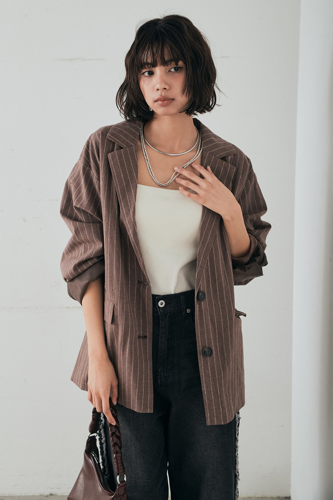 [SET]リネンライクストライプテーラードジャケット+デニムサイドフリルパンツ(2set)