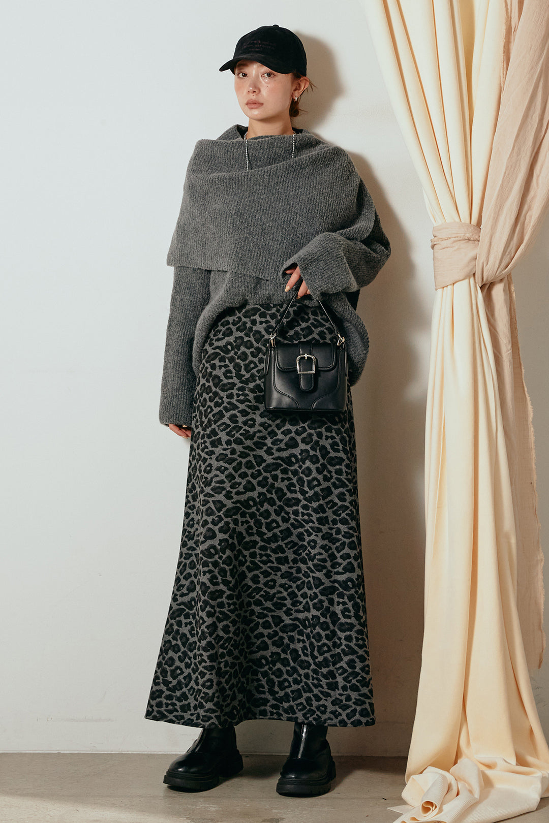 [SET]ケープデザインリブニットトップス+レオパードロングスカート(2set)