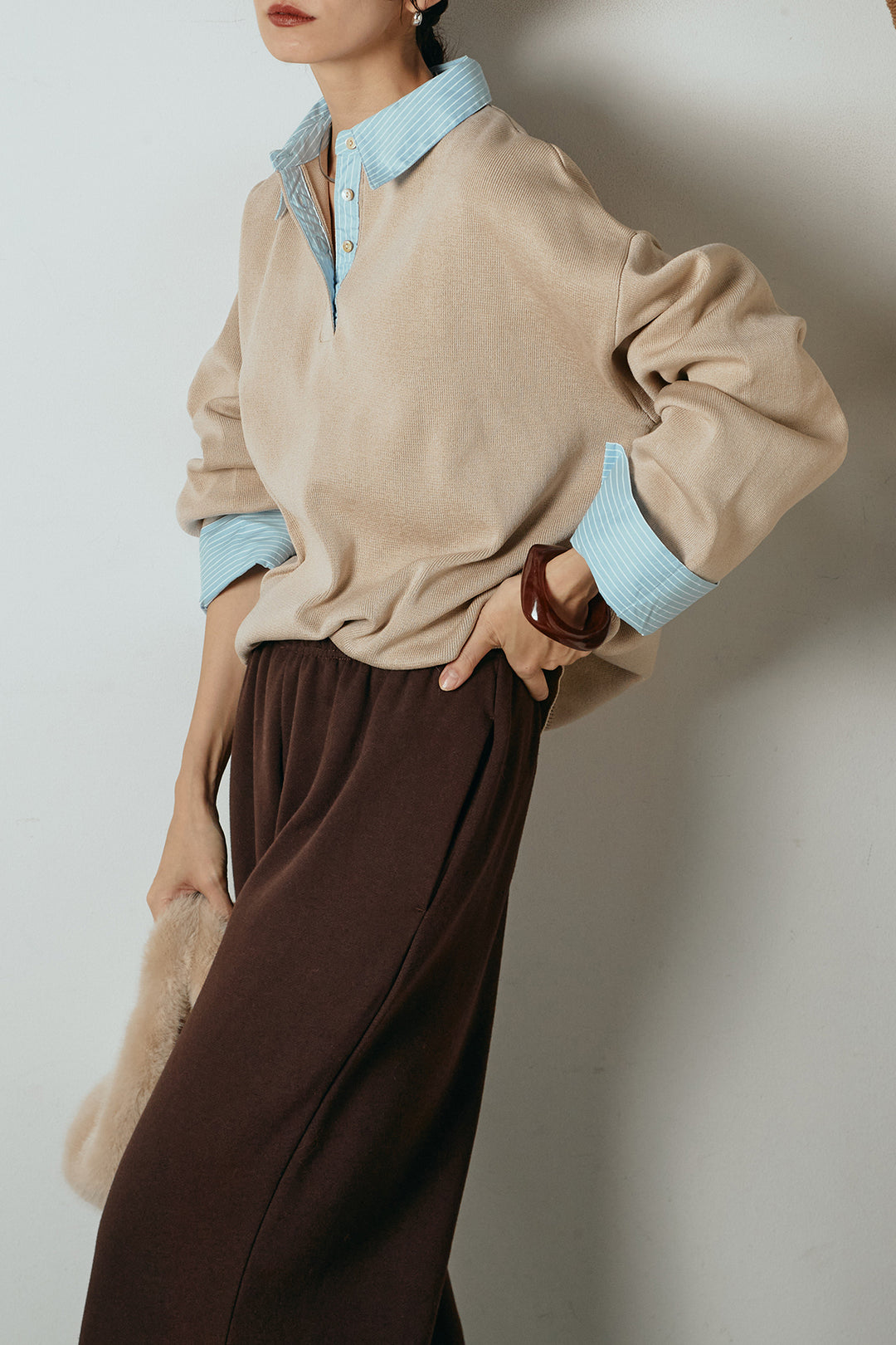 [SET]ストライプシャツドッキングポロトップス+裏起毛スウェットワイドパンツ(2set)