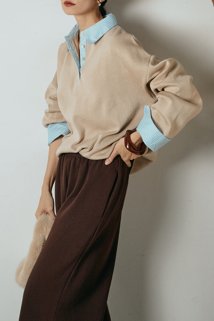 [SET]ストライプシャツドッキングポロトップス+裏起毛スウェットワイドパンツ(2set)