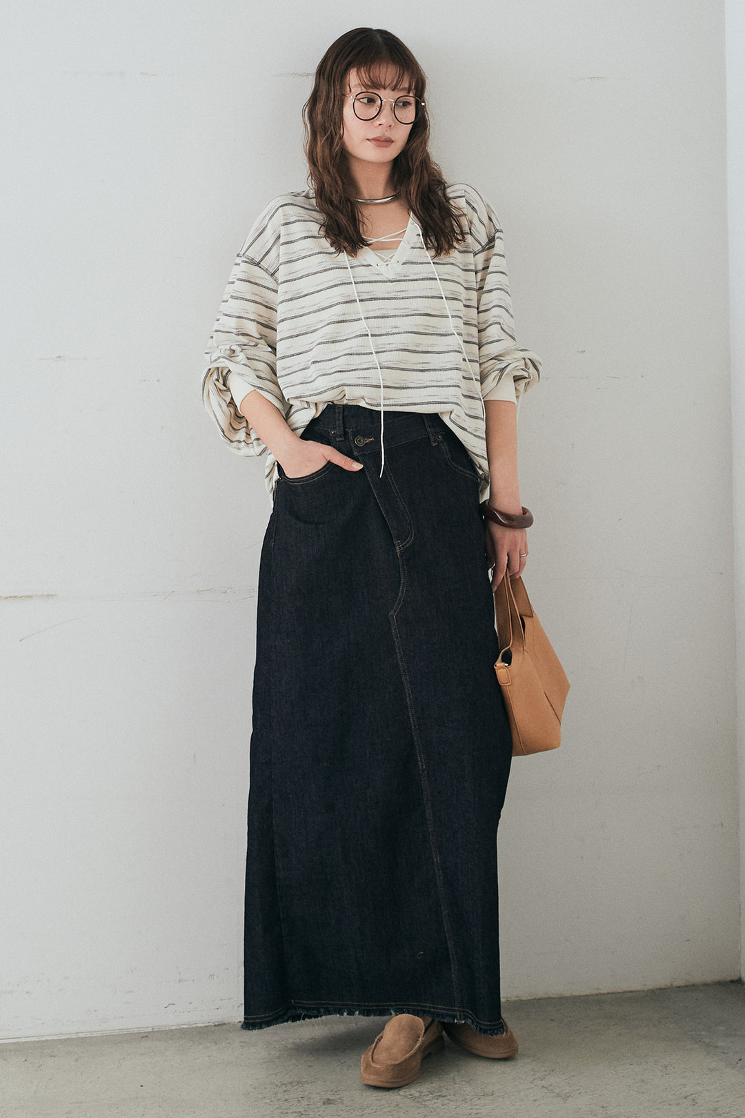 [SET]レースアップワッフルボーダートップス+ウエストクロスデニムタイトスカート(2set)