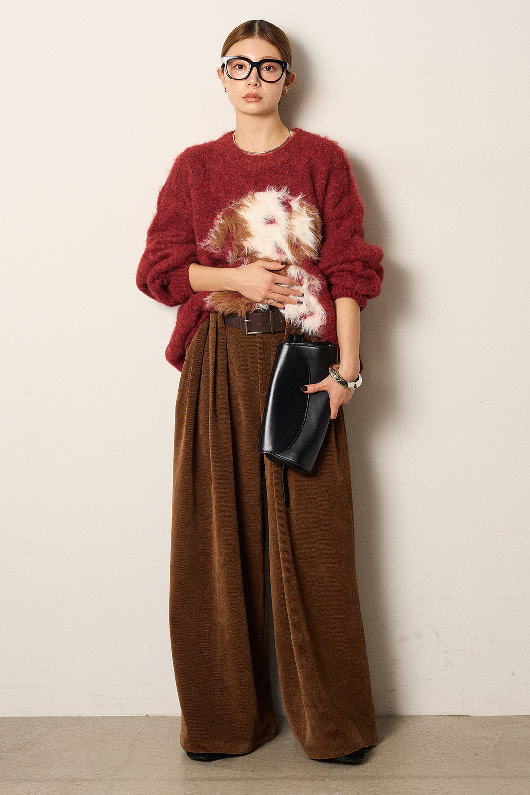 [SET]シャギーニュアンスアニマルニット+ベルトループコーデュロイワイドパンツ(2set)