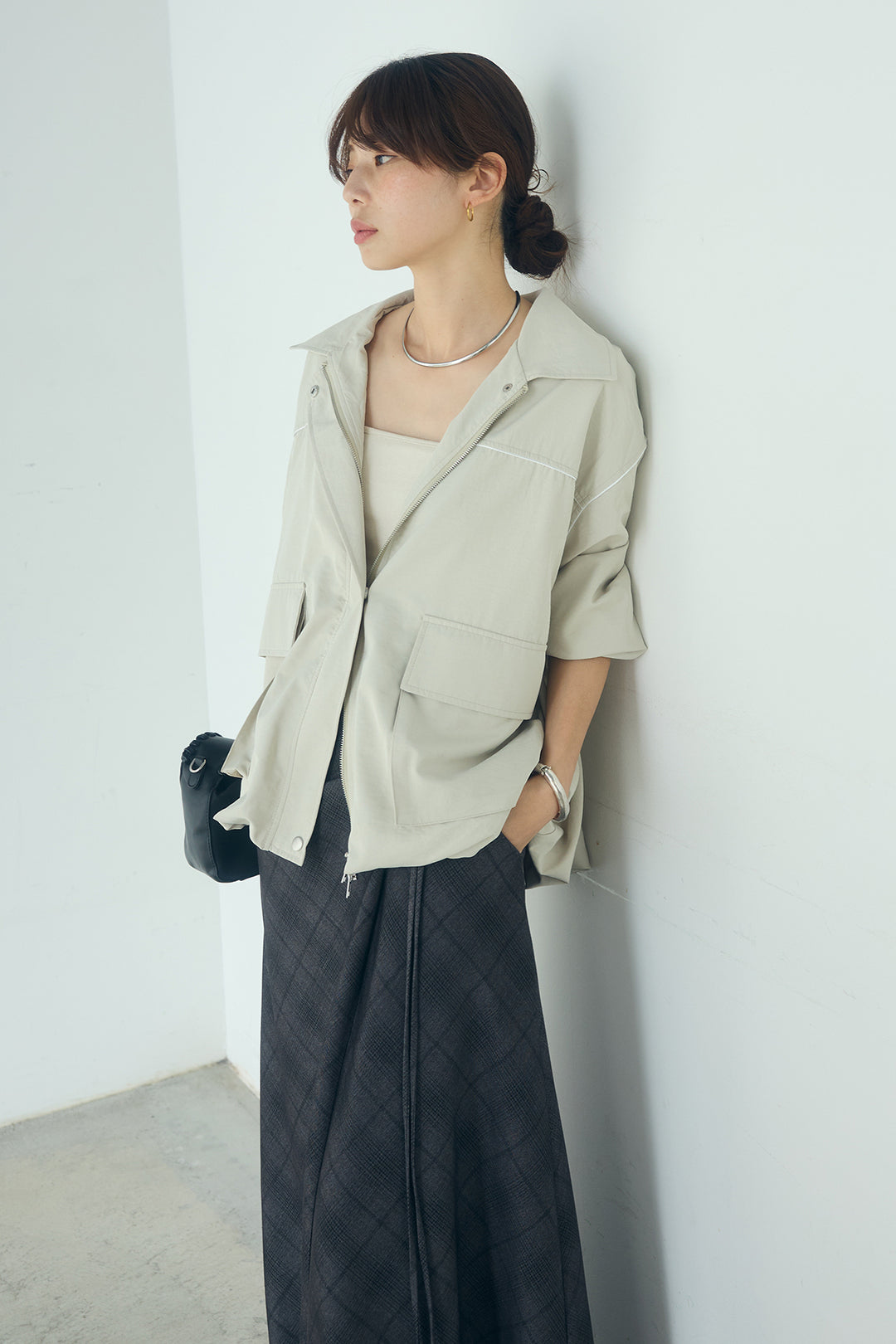 [SET]合繊ツイルバルーンジャケット+タータンチェック柄フロントデザインスカート(2set)