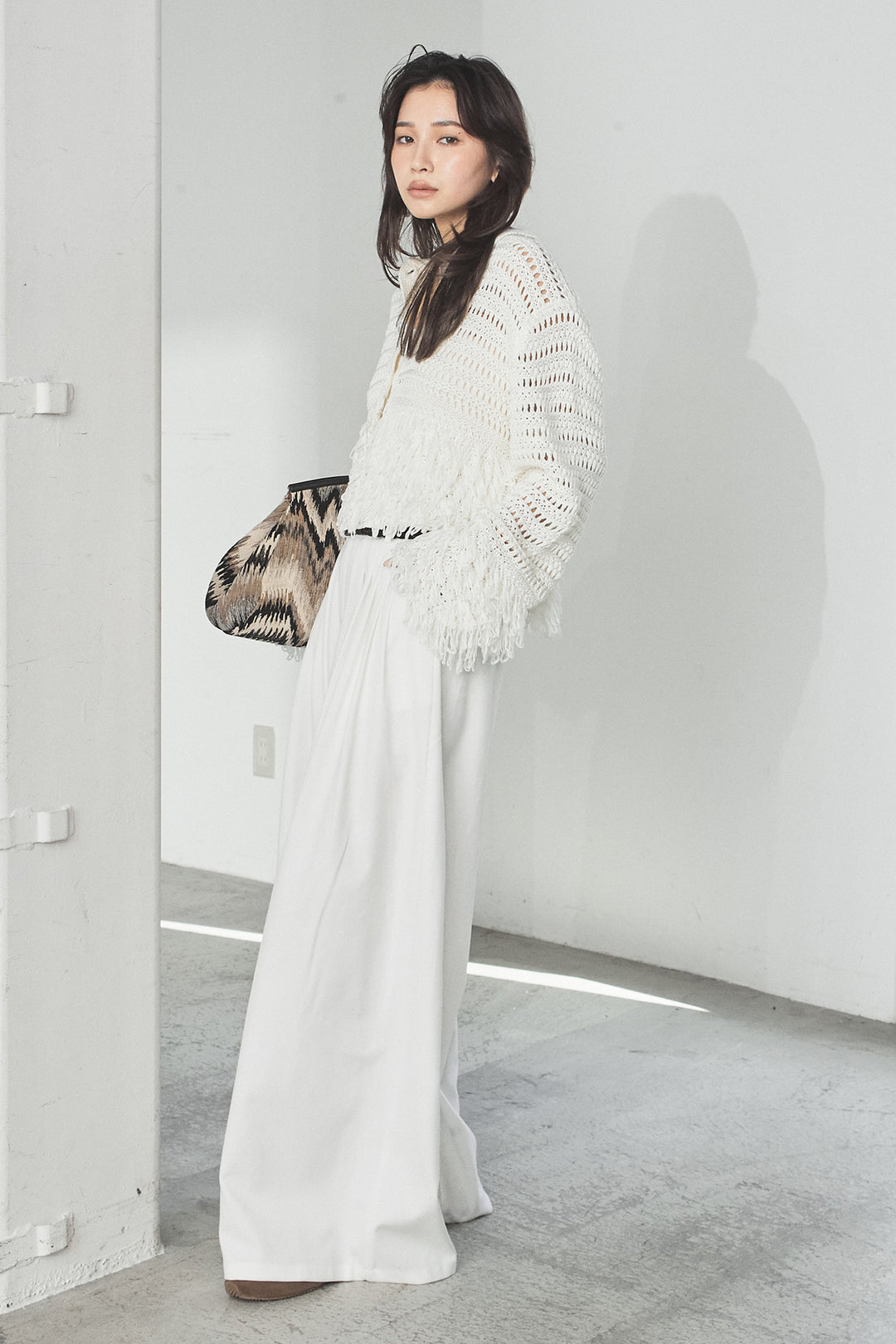[SET]メッシュフリンジカーディガン+編みベルト付きウエストタックワイドパンツ(2set)