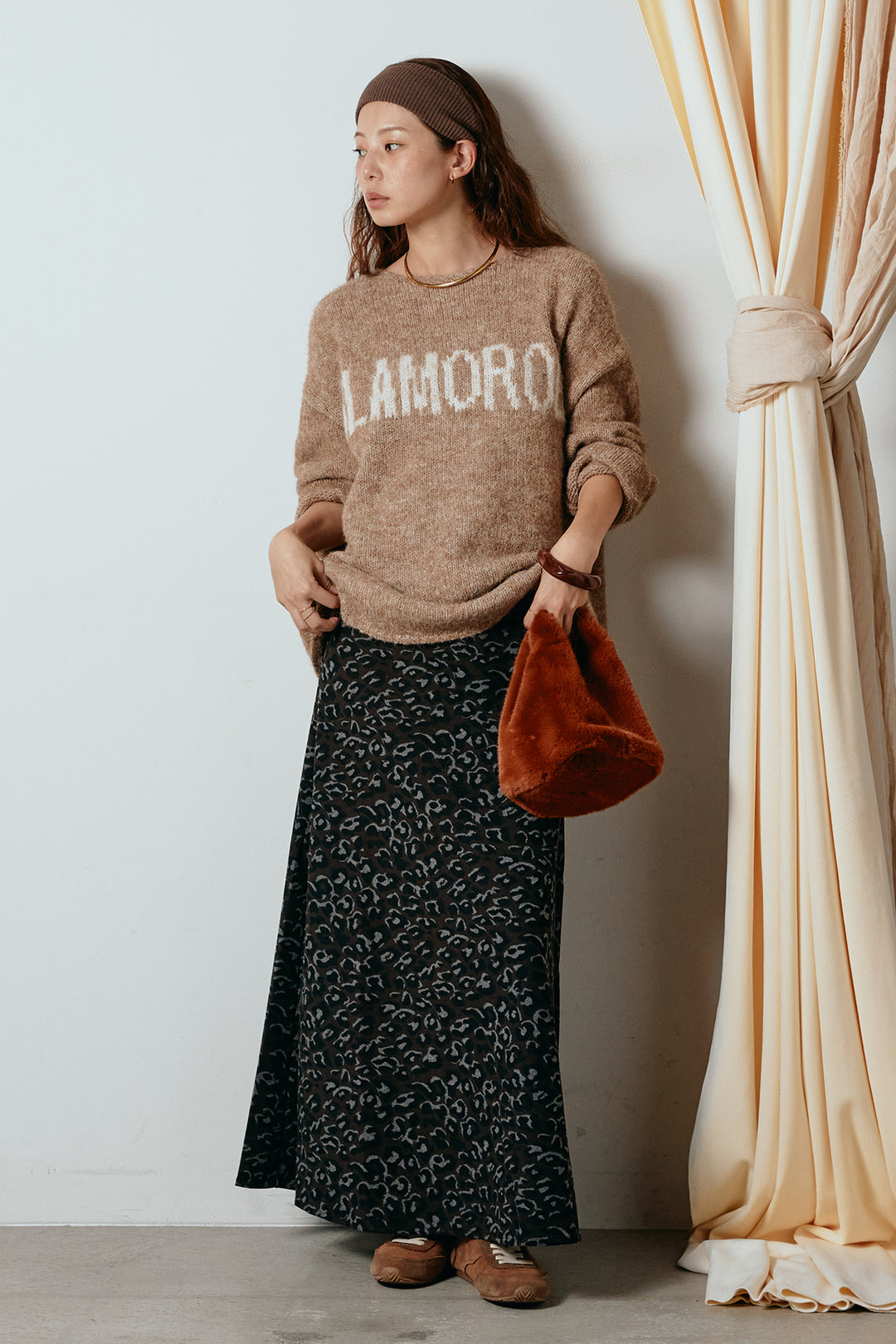 [SET]フロントロゴデザインニットトップス+レオパードロングスカート(2set)