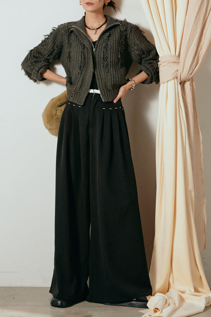 [SET]ハイネックフリンジジップニットトップス+ウエストステッチデザインワイドスラックス(2set)