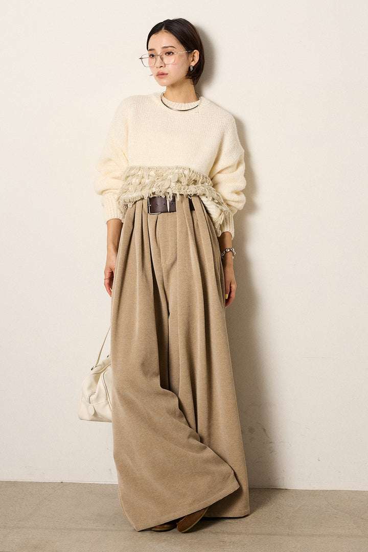 [SET]ループ編み切り替えニットプルオーバー+ベルトループコーデュロイワイドパンツ(2set)