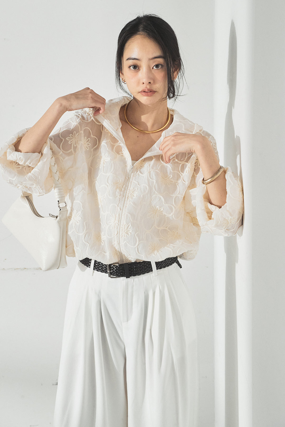 [SET]シアーフラワーフードブルゾン+編みベルト付きウエストタックワイドパンツ(2set)