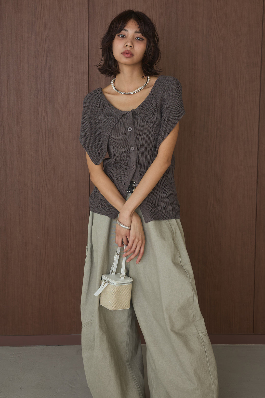 [SET]ビッグカラーボタンニットトップス+ベルト付きカラーデニムパンツ(2set)