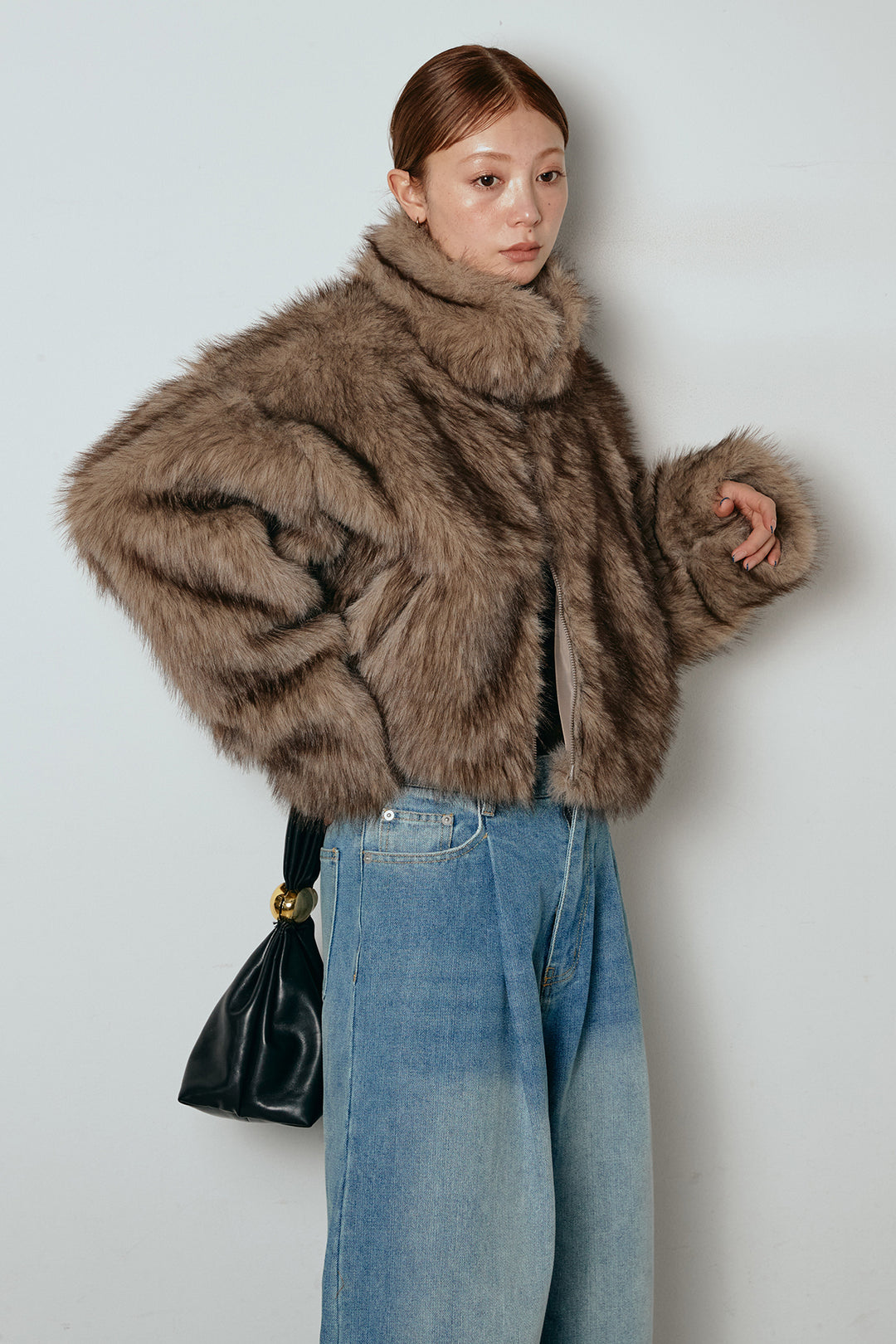 [SET]エコファーショート丈ブルゾン+加工デニムタックコクーンワイドパンツ(2set)