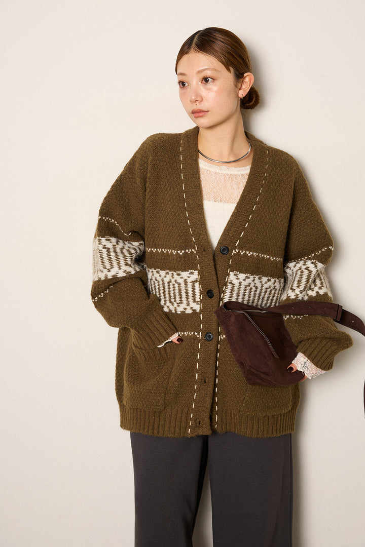 [SET]ライン柄ステッチニットカーディガン+裏起毛スウェットワイドパンツ(2set)