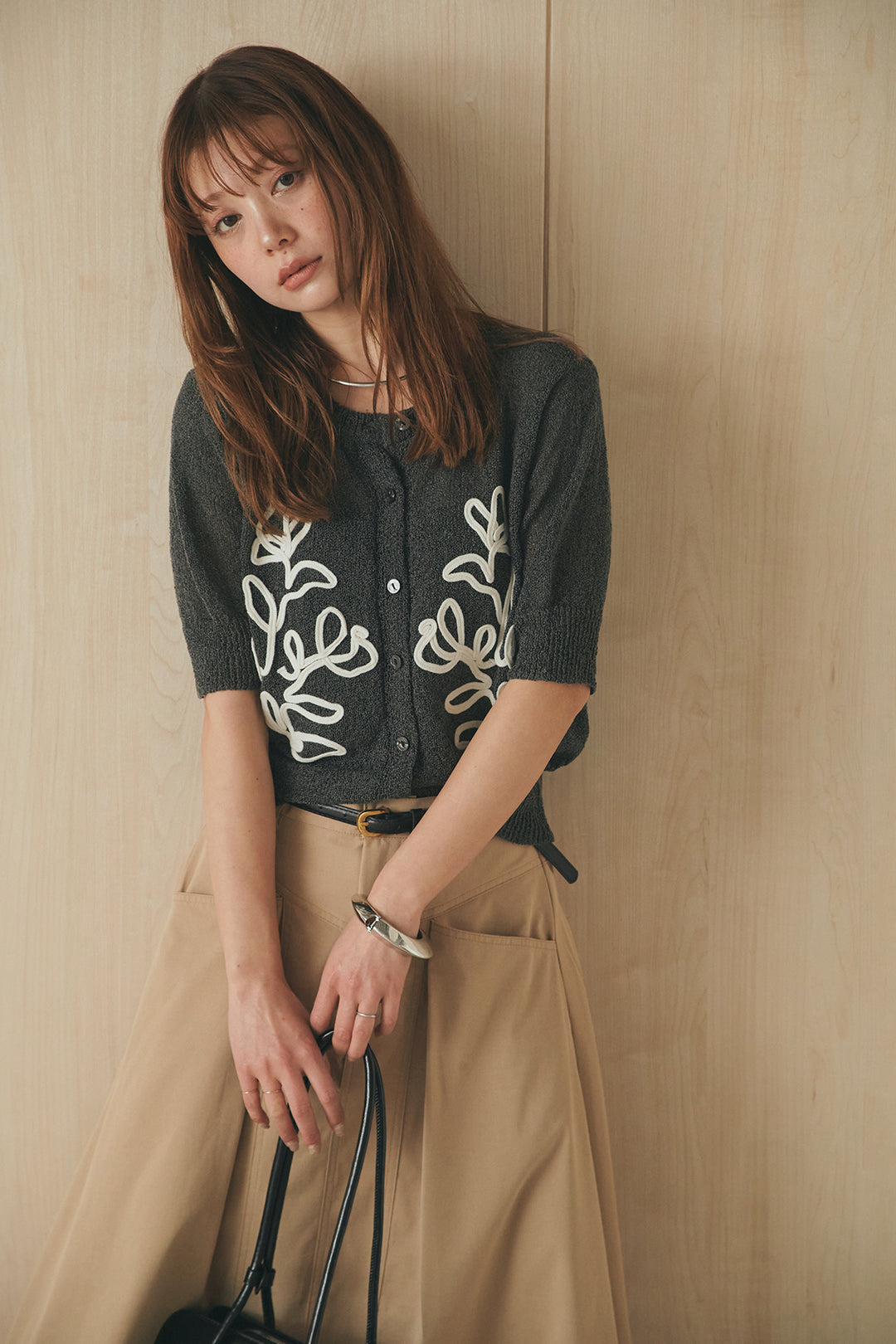 [SET]フロントテープデザイン半袖カーディガン+ミリタリーツイルタックフレアスカート(2set)