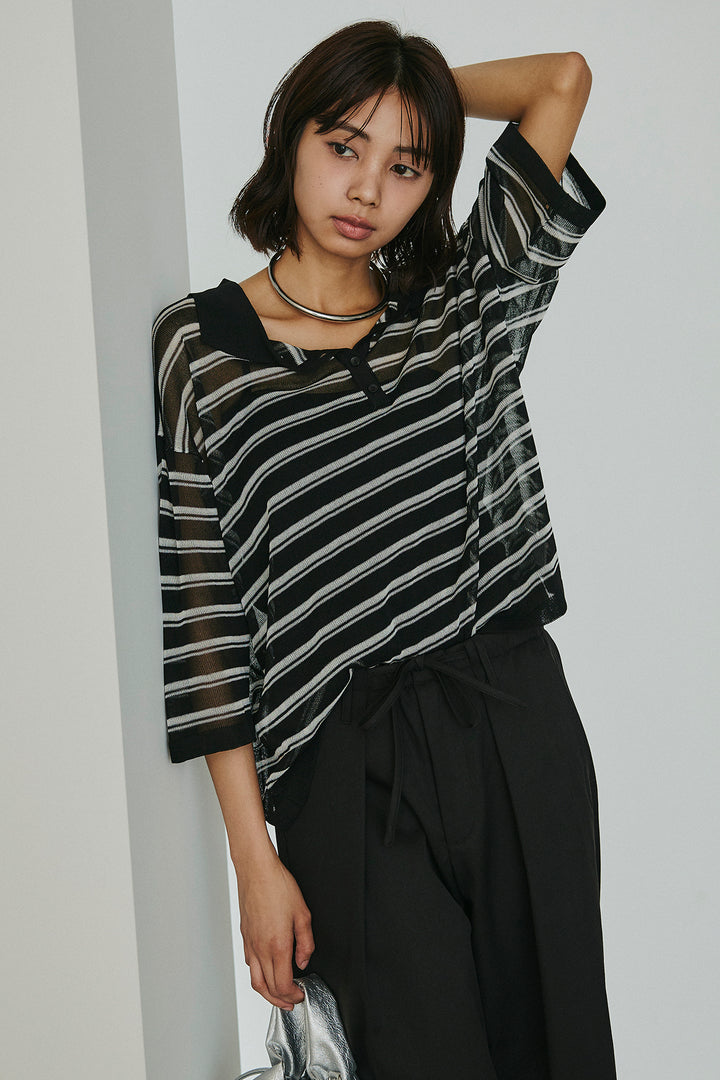 [SET]ボーダーニットポロシャツ+ニーサイドタックウエストドロスパンツ(2set)