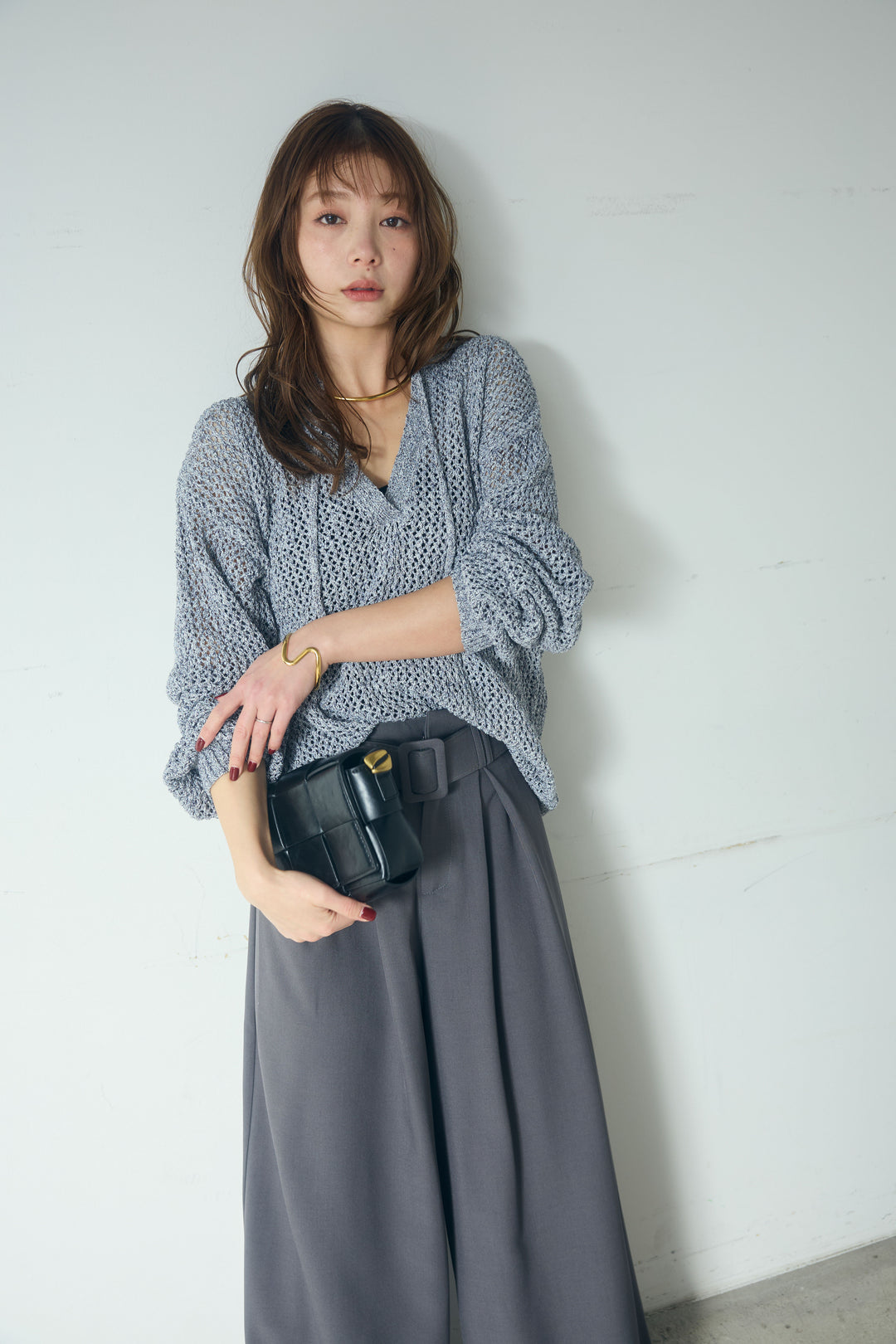 【即納】ミックスメッシュキーネックプルオーバー