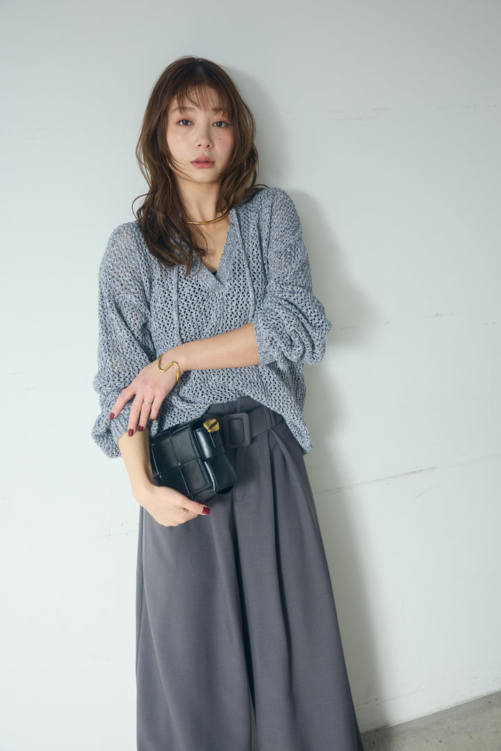【即納】ミックスメッシュキーネックプルオーバー
