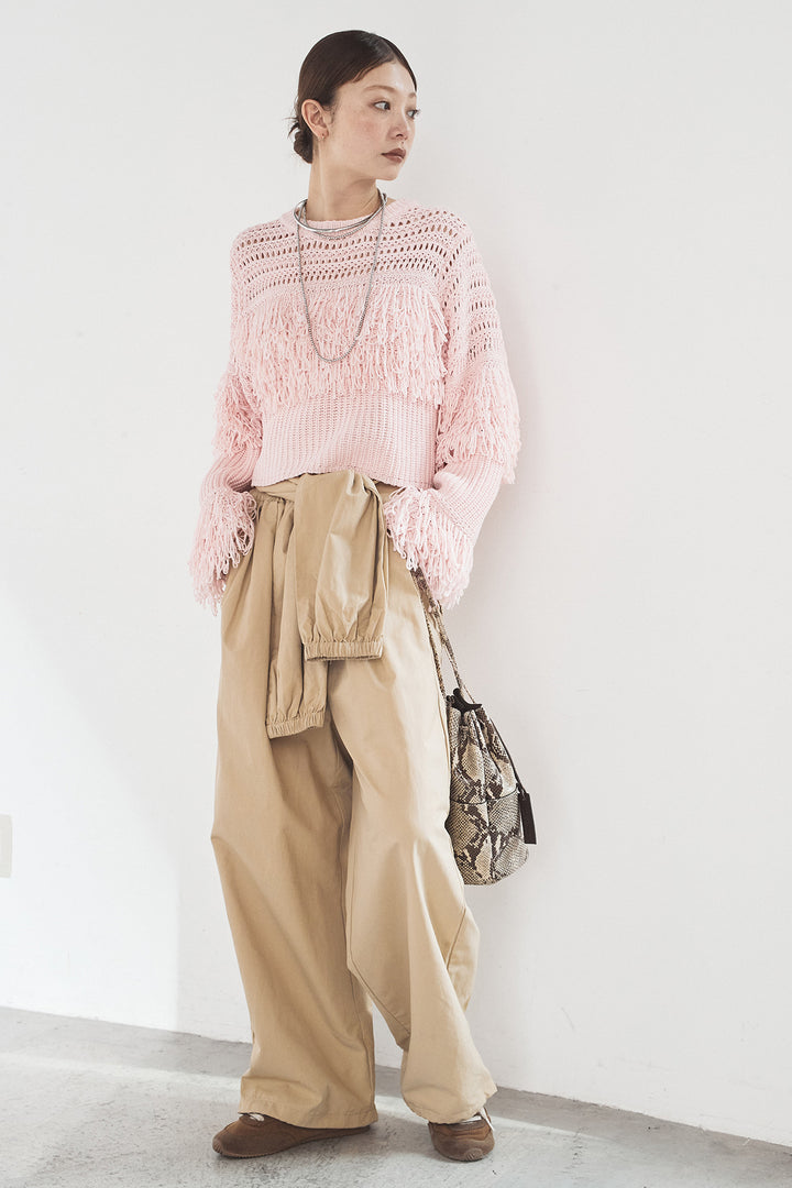 [SET]メッシュフリンジ切り替えプルオーバー+合繊ツイルスタンドウエスト巻きジョガーパンツ(2set)