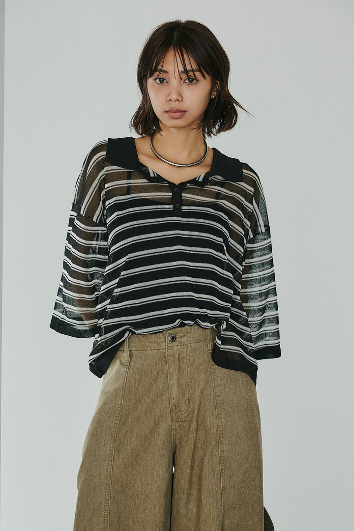 [SET]ボーダーニットポロシャツ+サイドベルトカーブワイドパンツ(2set)