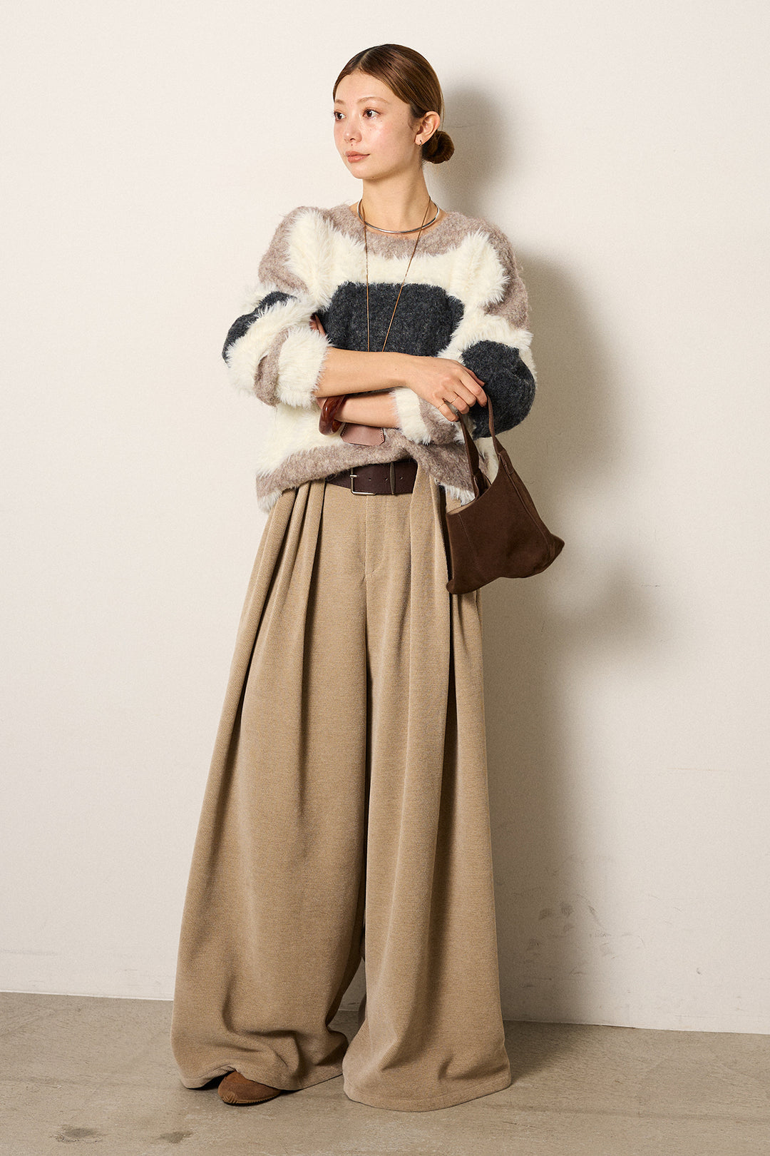 [SET]シャギーウェーブ柄クルーネックニットトップス+ベルトループコーデュロイワイドパンツ(2set)