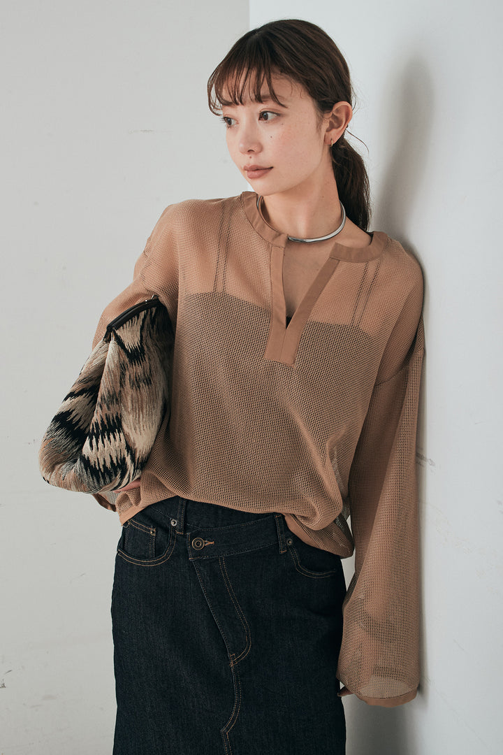 [SET]メッシュカットソースキッパープルオーバー+ウエストクロスデニムタイトスカート(2set)