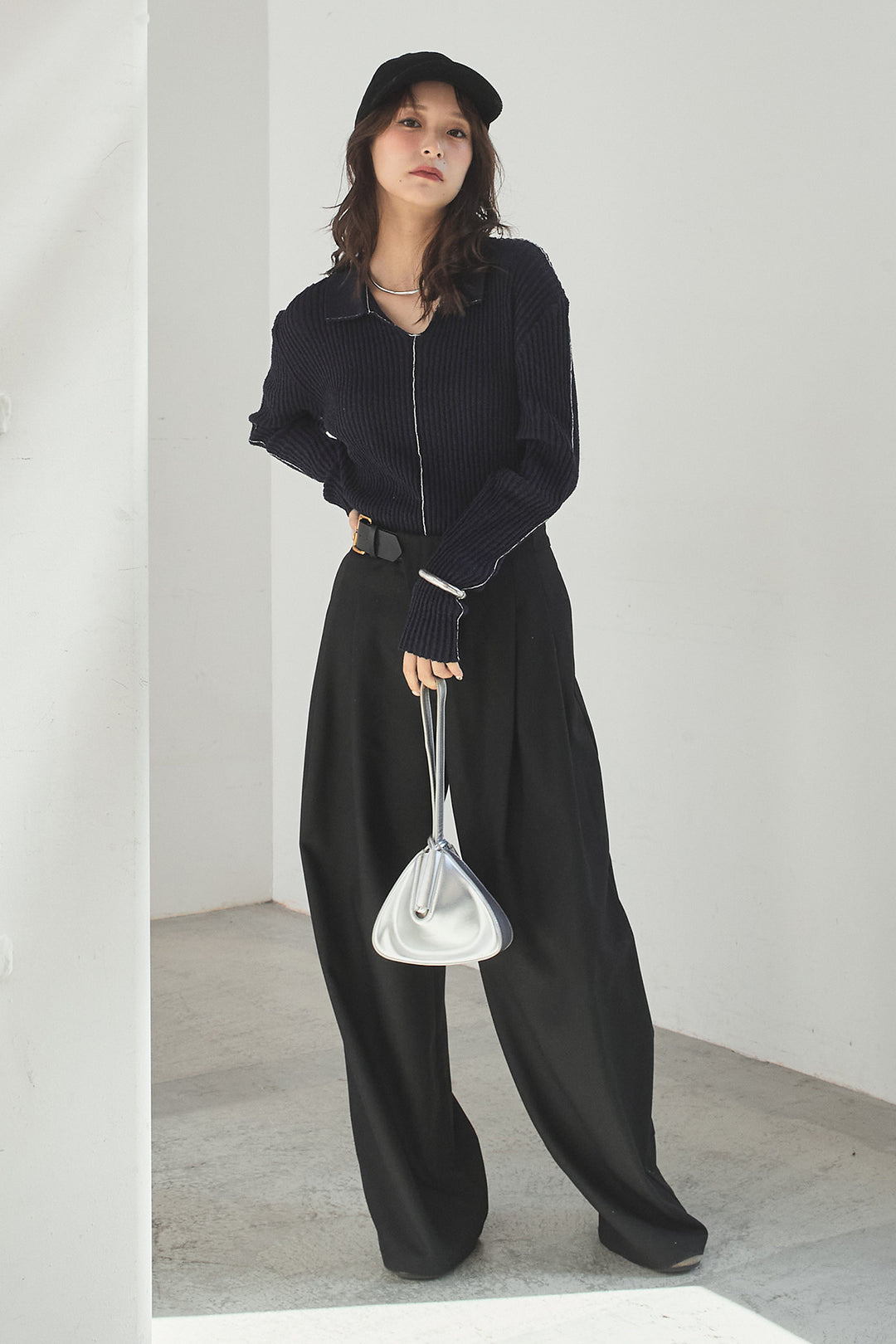 [SET]衿付きニットプルオーバー+サイドベルトタック入りスラックス(2set)