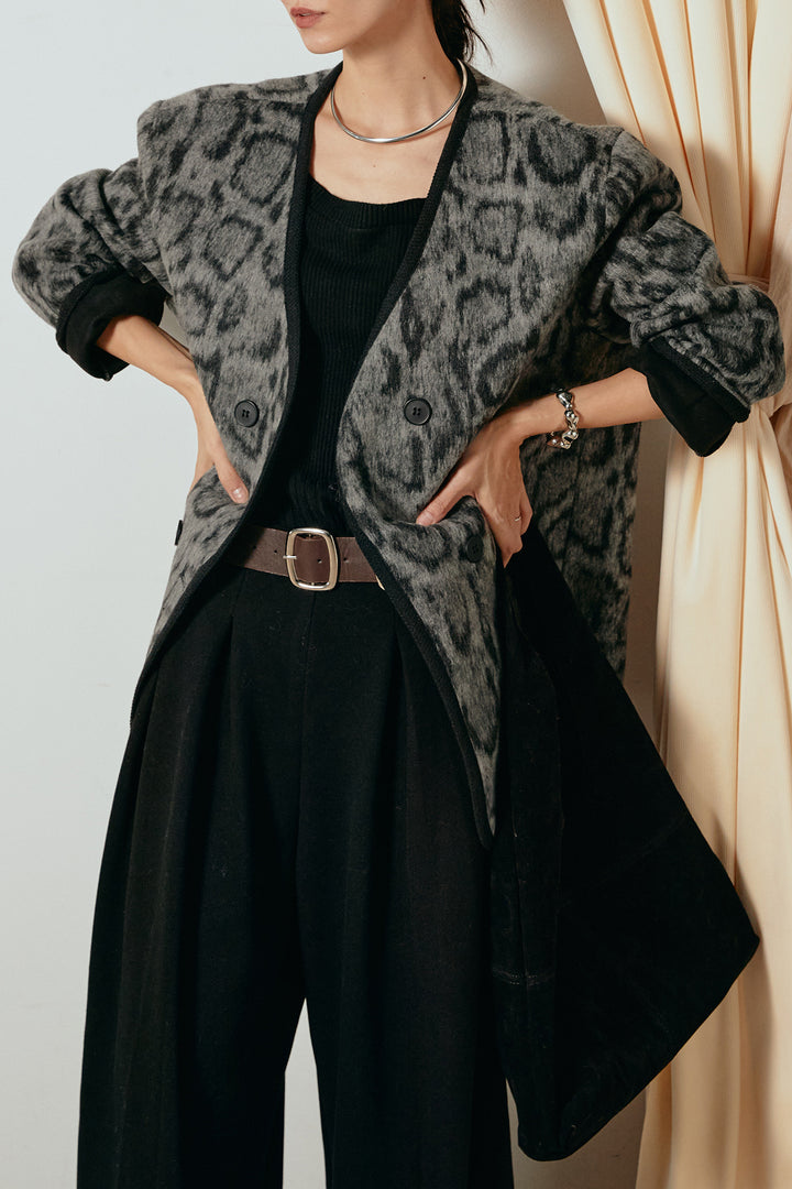 [SET]ノーカラーレオパード柄アウター+フェイクレザー太ベルト付きタックワイドパンツ(2set)